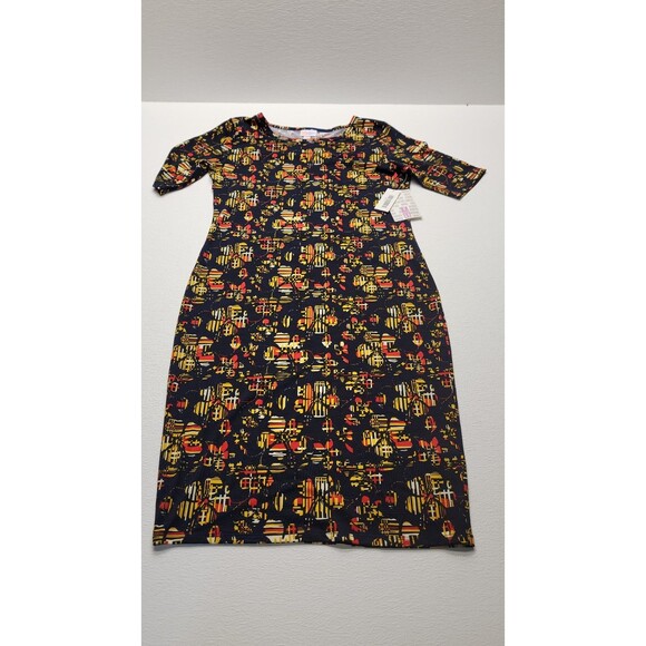 NEW LuLaRoe Julia Dress Black Yellow Red Geometric Abstract Print NWT Size M - Picture 1 of 8